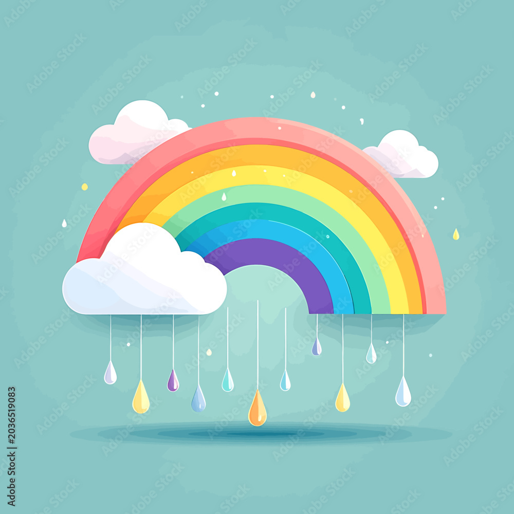 Fototapeta premium Colorful Rainbow with Raindrops and Clouds.