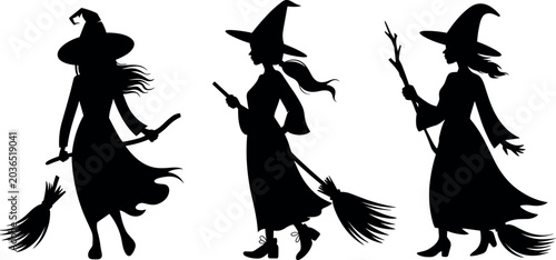 Photos Set of black silhouettes featuring standing and riding witches with broomsticks and staff isolated on white background for Halloween