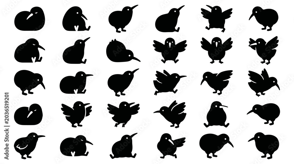 Obraz premium Collection of diverse black kiwi bird silhouettes, showcasing a variety of poses and actions, perfect for design and illustration projects