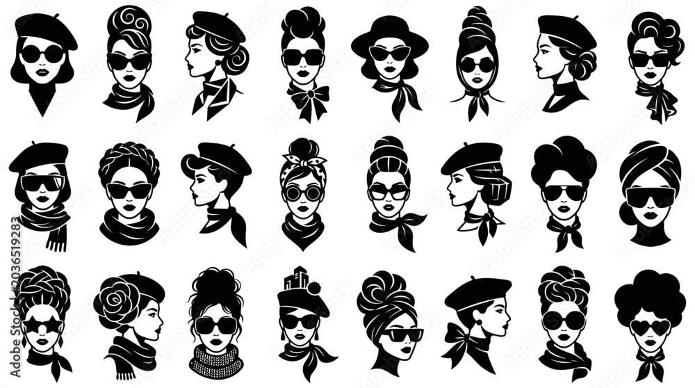 Obraz premium Elegant female silhouette collection in various stylish hats and accessories, perfect for fashion and beauty