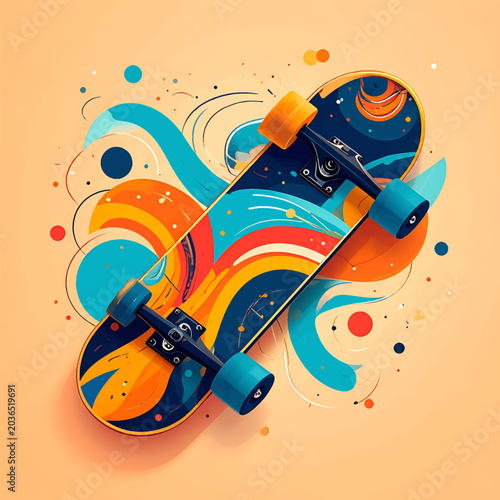 Colorful skateboard with blue wheels.