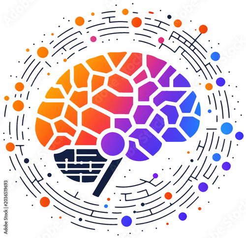humanoid brain with geometric mosaic segments and surrounding orbit