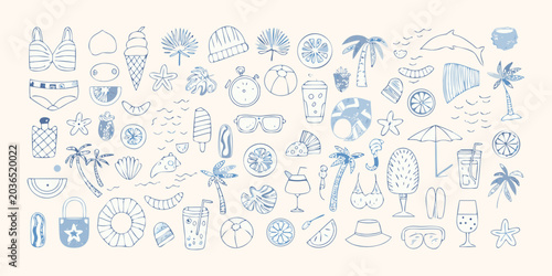 Tableau sur toile Summer Beach Items Illustration Blue Line Art Style