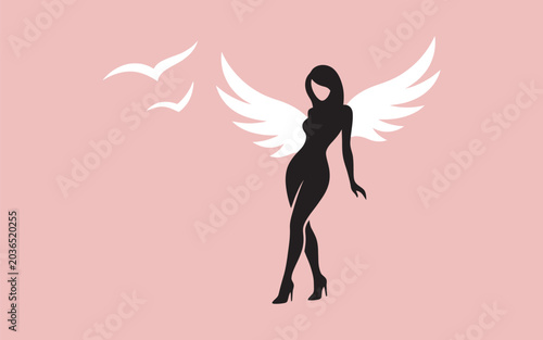 Elegant Woman Silhouette with Angel Wings and Flying Birds Vector Illustration