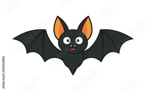 Cute Halloween Black Bat Cartoon Character with Open Wings Vector Illustration