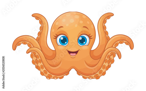 Cute Orange Octopus Cartoon Mascot Character with Big Blue Eyes
