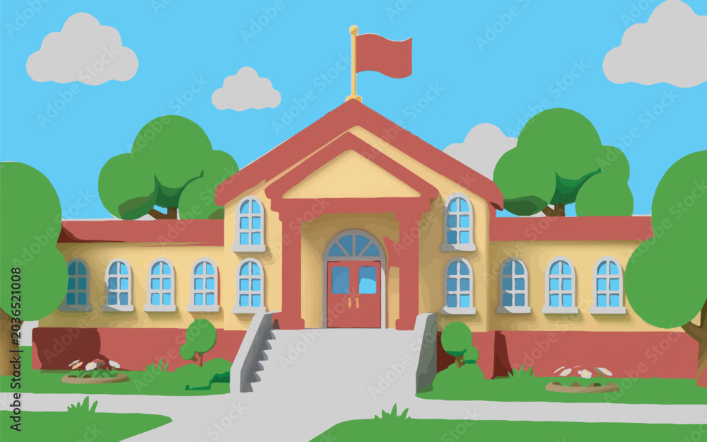 Naklejka premium Cute 3D Stylized Elementary School Exterior with Clouds and Trees