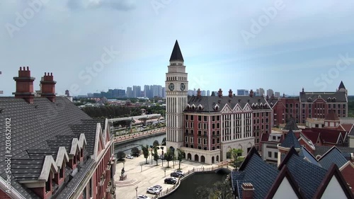 European Style Canal District with Clock Tower and City Skyline