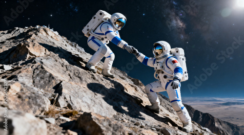 Astronauts supporting one another while ascending steep mountain hill, cinematic scene