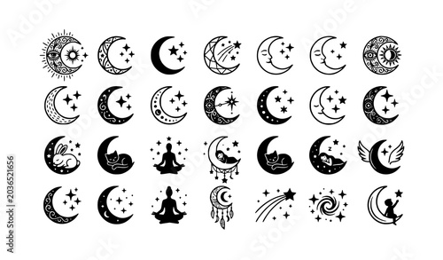 Minimal crescent moon with stars vector icons for sleep and dream concepts