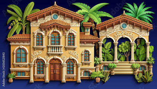 Mediterranean paper cut style vector illustration of a luxury villa with terracotta roof, ornate balconies and tropical plants.