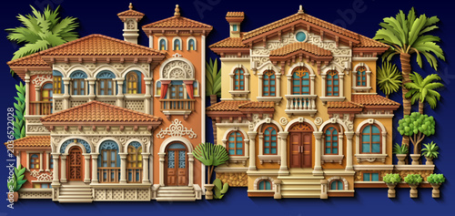 Mediterranean paper cut style vector illustration of a luxury villa with terracotta roof, ornate balconies and tropical plants.