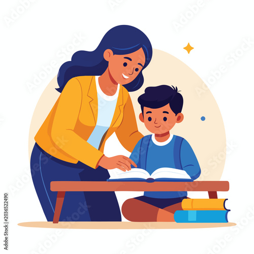 Woman teaches a boy reading a book at a table indoors