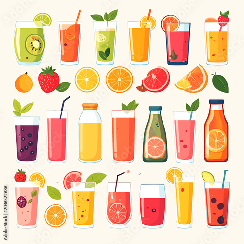 Colorful drinks with fruit slices.