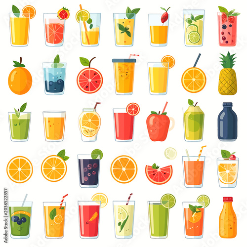 Colorful fruit juice drinks with garnishes.