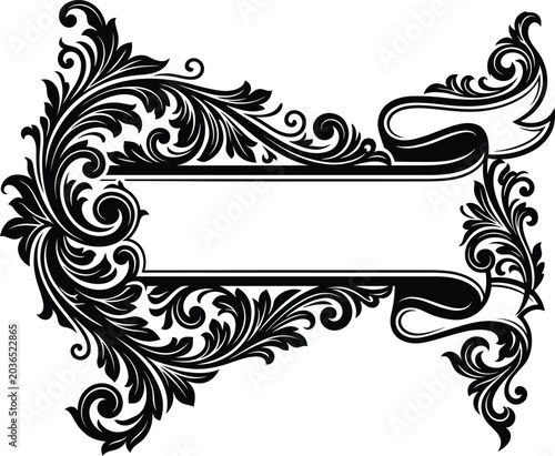 Photos An intricate monochrome vector border layout featuring graceful swirling foliate filigree patterns