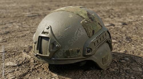 Tactical olive drab combat helmet with camouflage patches and scratch marks sits on a rugged dirt ground surface captured in high resolution detailed professional digital render