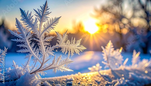 Frosty winter sunrise paints a magical landscape with ice crystals.