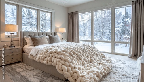 Cozy Bedroom with Winter View and Chunky Knit Blanket.