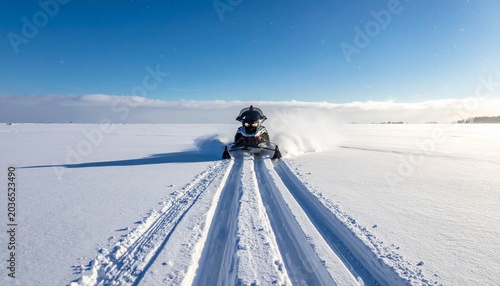 Snowmobile adventure on a vast, snowy landscape under a clear blue sky.