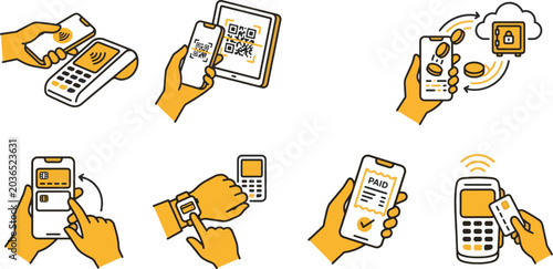 Cuadro en lienzo Contactless mobile payment online banking and QR code transaction line icon set