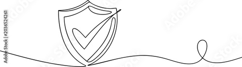 Continuous line drawing of shield icon with check mark symbol representing security and protection.