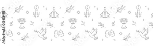 Εκτύπωση καμβά Baptism horizontal border with church, baptismal font, baby shoes and dove