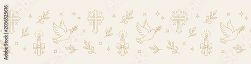 Simple Baby Baptism horizontal border with cross, dove, candle and olive. For christening cards, invitations, certificates and stationery dividers. Seamless strip.