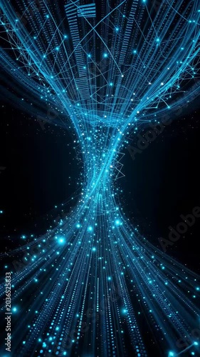 Abstract Blue Swirling Light Tunnel with Digital Particles and Geometric Lines in Dark Background