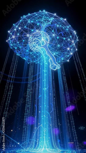 Abstract representation of a digital brain with floating connections and binary rain in a futuristic design