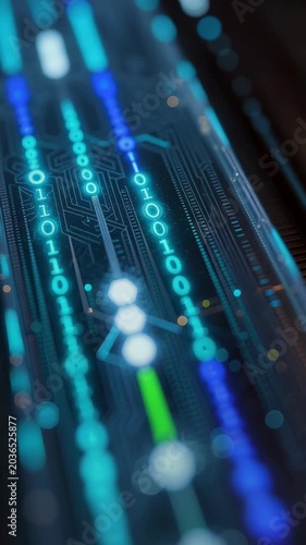 Digital Data Flow with Binary Code and Bright Neon Colors on Futuristic Background for Technology Concepts