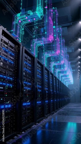 Futuristic Data Center with High-Tech Servers and Neon Circuit Designs in a Dark Environment