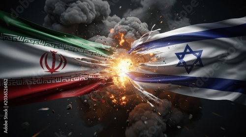 Two flags, Iran and Israel, collide and explode in the center, symbolizing conflict and tension between the two nations.