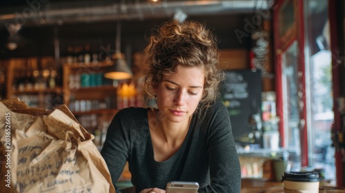 Young woman in cafe using smartphone with coffee cup and blurred interior for lifestyle portrait background and social media design
