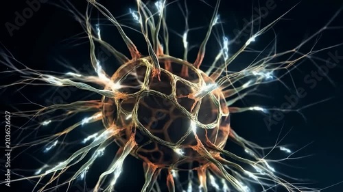 A high-quality, 3D animated visualization of a biological neuron cell against a dark background.