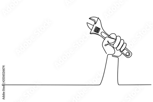 Foto Continuous line art illustration of hand grasping a wrench tool with adjustable