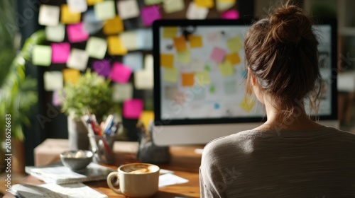 Home office workspace with colorful sticky notes on window and computer screen for remote work productivity background and banner design