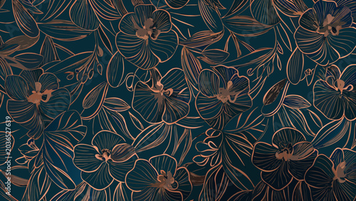 Tableau sur toile Floral ornament featuring densely arranged orchid blooms in a dark teal and bron