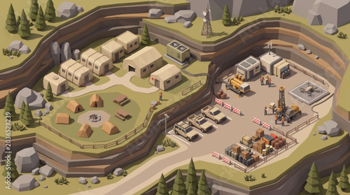 Foto Isometric view of a military base with tents and vehicles.