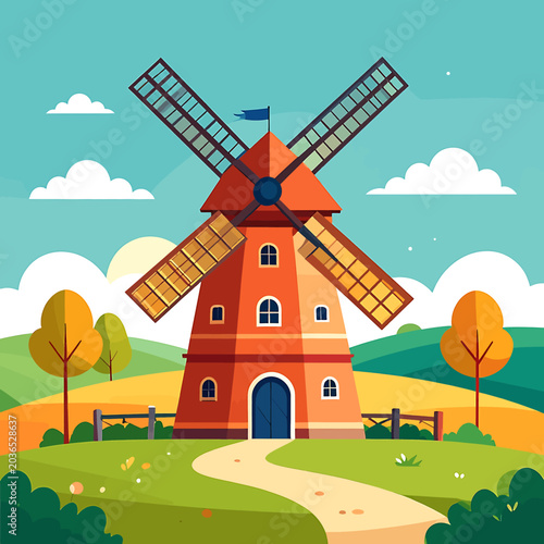 Windmill with orange roof and blades.