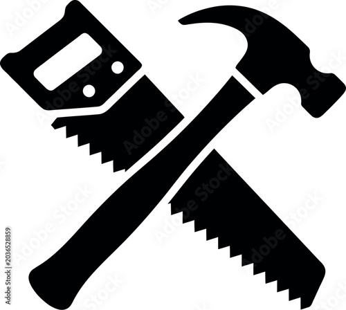 Black silhouette of a hammer and saw crossed over each other