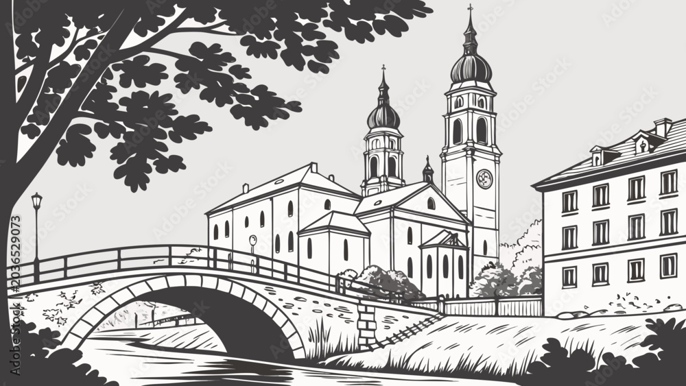 Fototapeta premium Charleston skyline featuring historic bridge and church steeples