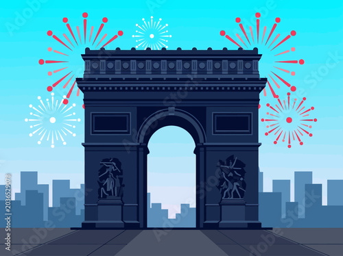 Cuadro en lienzo Flat Illustration of Arc de Triomphe with Fireworks in Paris, France - Celebrati