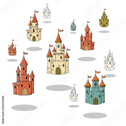 Colorful cartoon castle architecture models.