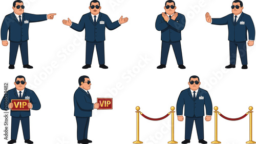 Schilderij op canvas Professional Security Guard Vector Character Set Featuring Bouncer Poses with VI