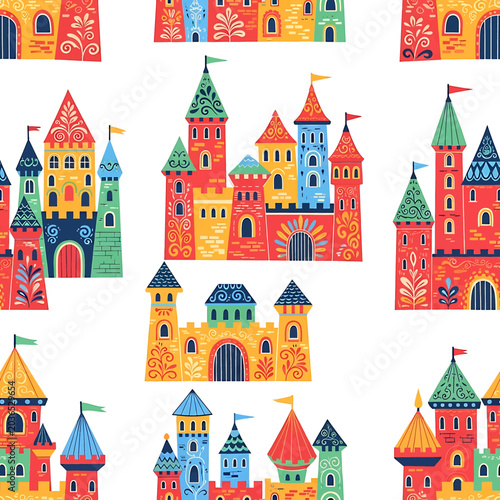 Colorful cartoon castle architecture pattern.