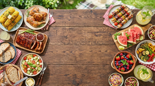 Colorful summer picnic spread featuring grilled meats, fresh salads, fruits, and beverages arranged on a wooden table outdoors