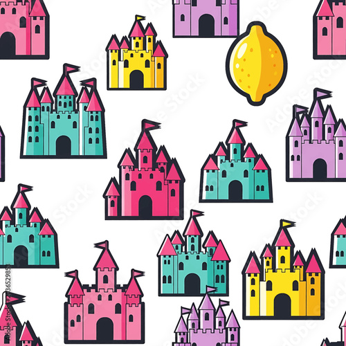 Colorful cartoon castle illustrations on white.
