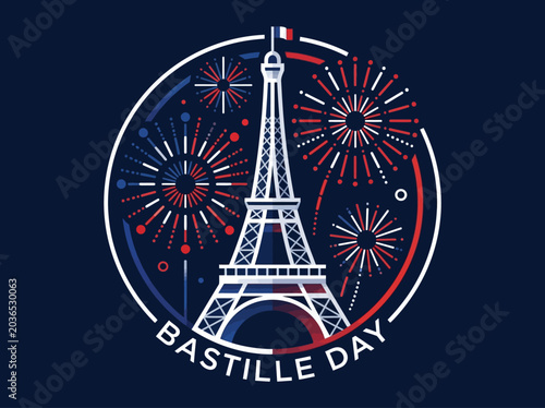 Cuadro en lienzo Bastille Day Illustration with Eiffel Tower and Red White and Blue Fireworks, Fr