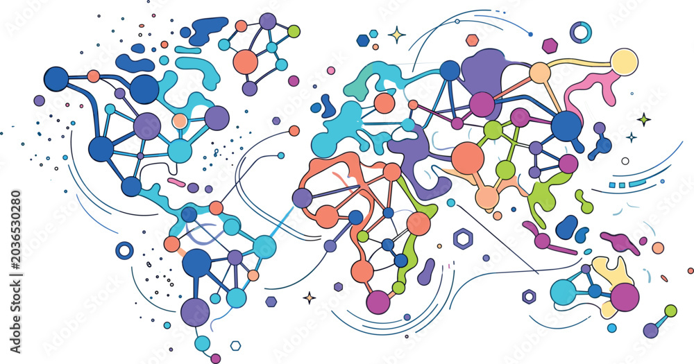 Fototapeta premium Abstract Colorful World Map Network Vector Illustration Featuring Connected Nodes Dots and Lines for Global Technology Data and Communication Designs